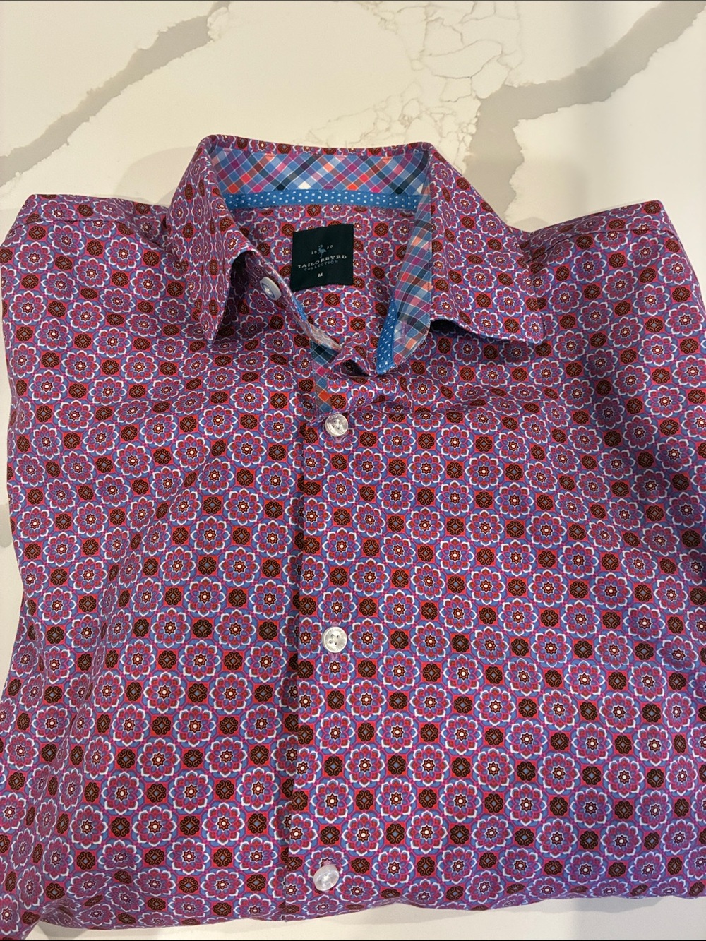 Tailorbyrd Purple Floral-Geometric Button Shirt with Blue Collar Accents